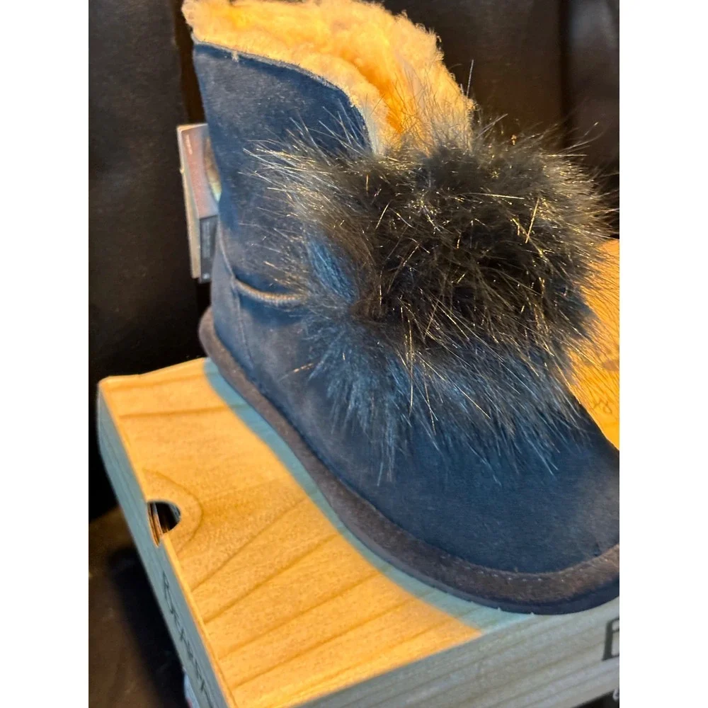 Bearpaw Navy Blue Suede Fur Pom Pom Ankle Boots with Sheepskin Lining New in Box